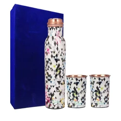 Printed Designer Drinking Copper Glasses Bottle Gift Set