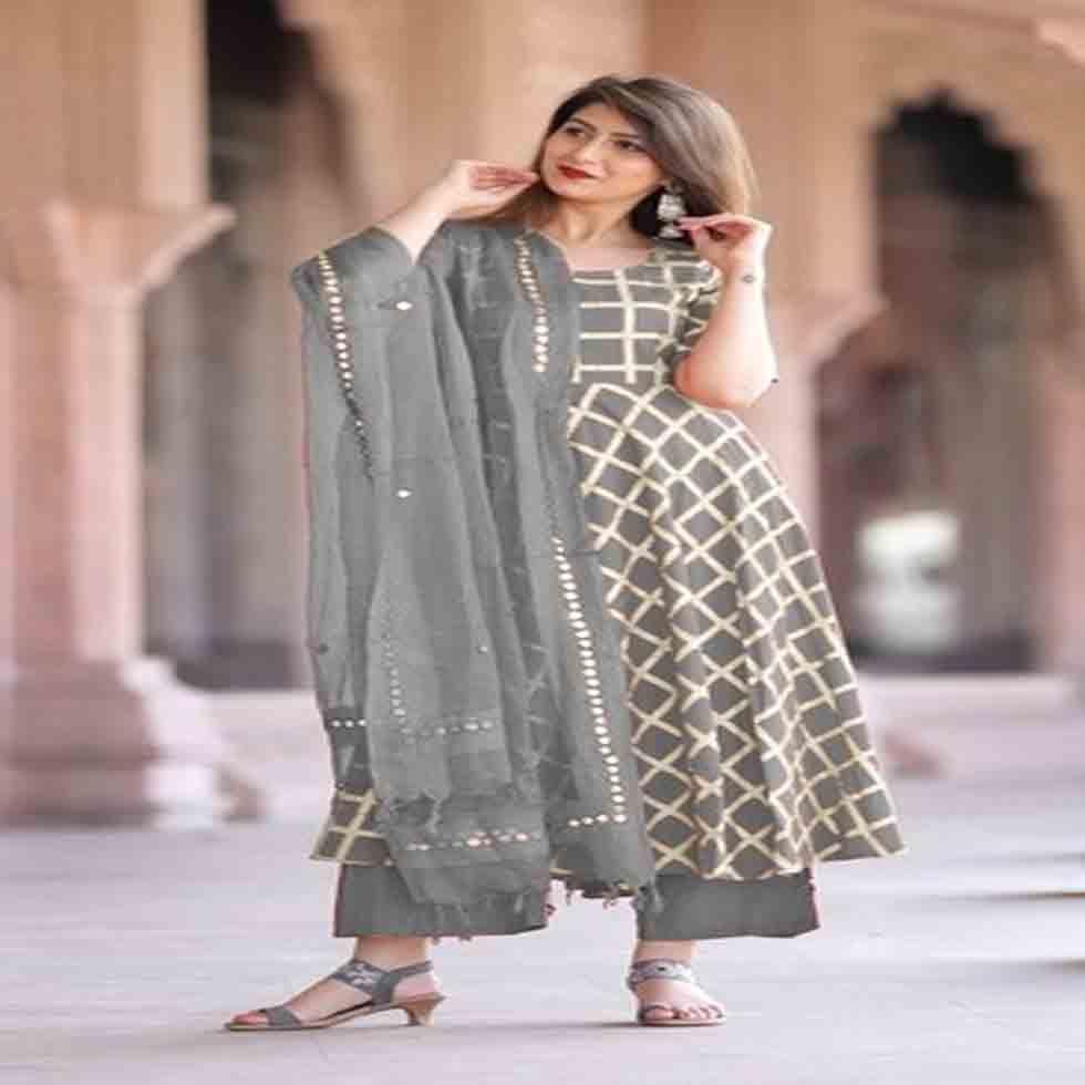 Printed Ladies Kurti Black Colour Cotton Straight Kurta Image