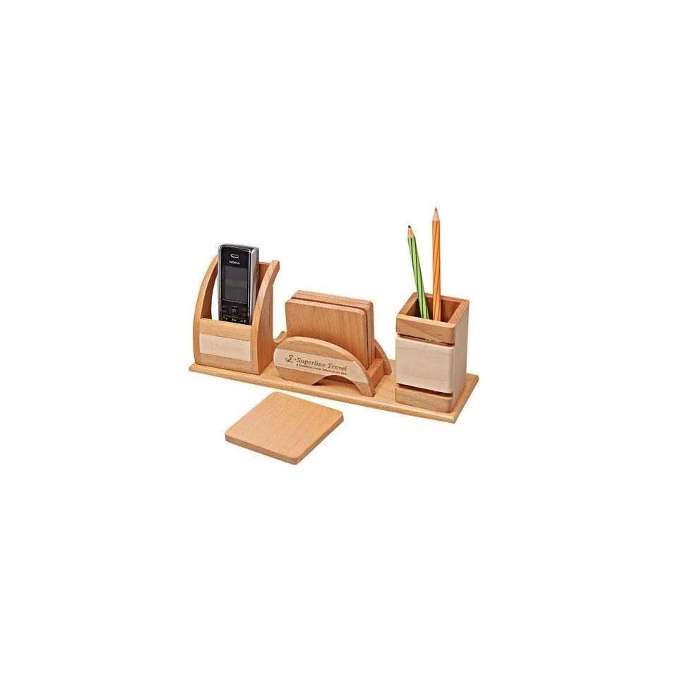 Wooden Base Metal Pen Stand Image